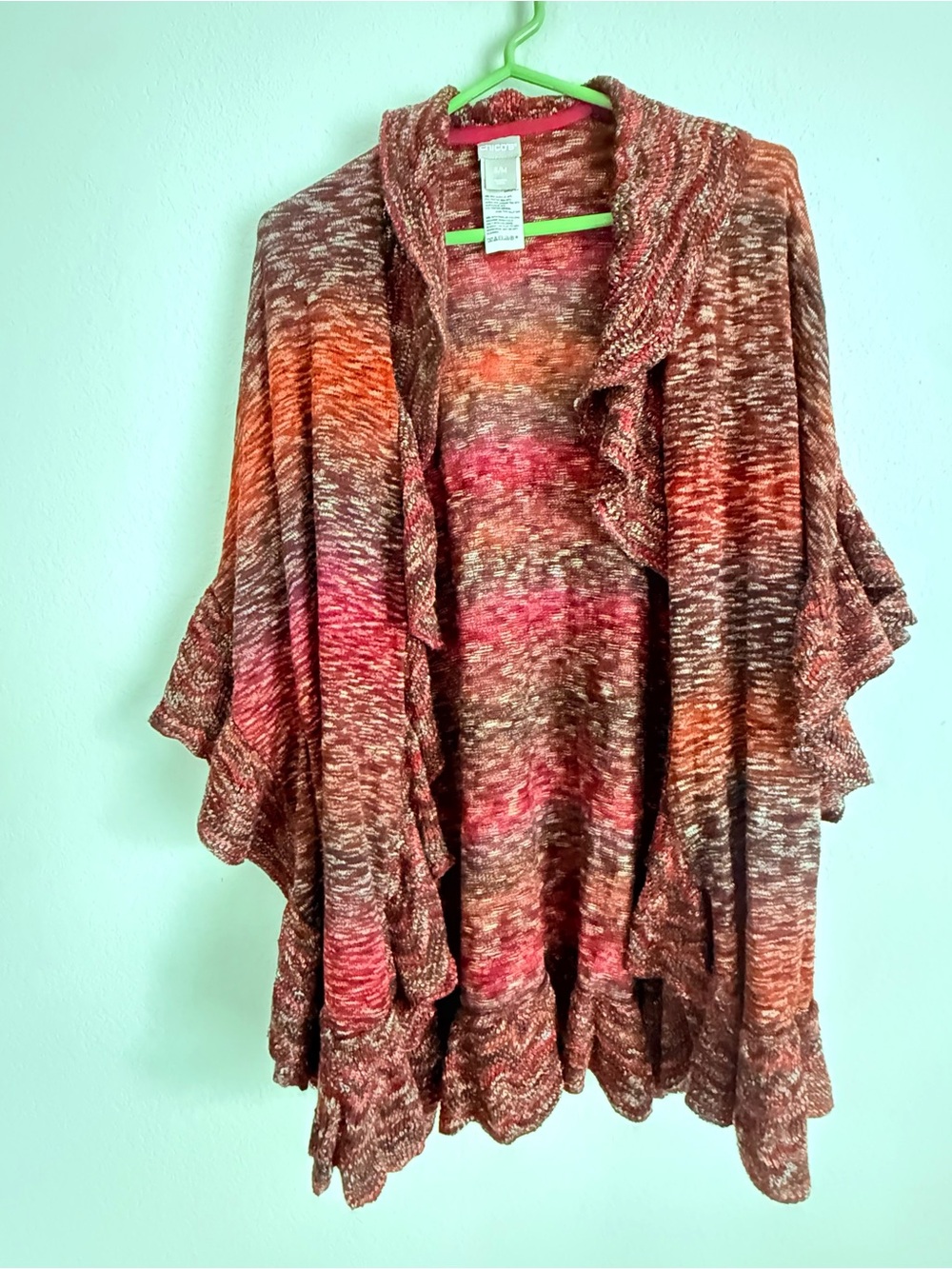 Chicos Open Front Ruffle Knit Ruana Tunic Wrap Poncho Marl Stripe Cardigan S/M